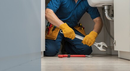 Plumber repairing a sink with an adjustable wrench. Professional handyman working on pipes under a cabinet. Home maintenance and plumbing service.
