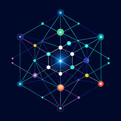 A complex yet minimalist grid of glowing lines and connection nodes on a dark background, representing a futuristic UI, data network, or architectural concept.