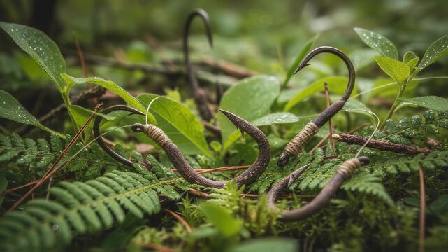 Closeup of biodegradable fishing hooks resting on natural foliage showcasing ecofriendly design for sustainable fishing practices.