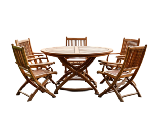 Round wooden table is surrounded by folding chairs, creating an inviting outdoor dining arrangement set against a stark, black background for a modern, elegant look and feel.