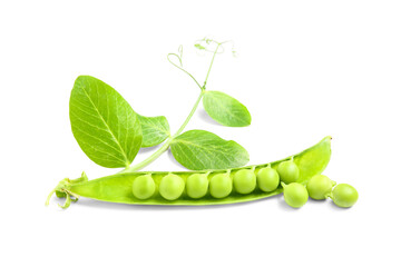 Fresh green peas and leaves on color background