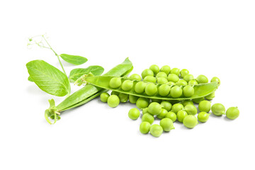 Fresh green peas and leaves on color background