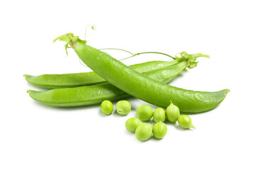Green pea pods on white background