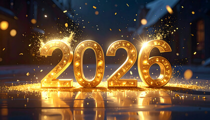 Golden illuminated 2026 with festive glitter and sparkling confetti.