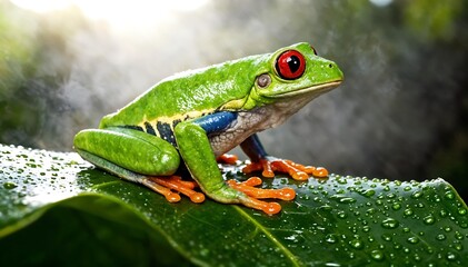 Naklejka premium Vibrant Green Tree Frog with Red Eyes Sitting on Wet Leaf in Tropical Setting