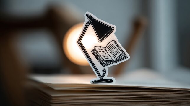A warm and inviting scene features an open book resting on a stack of papers, illuminated by a stylish desk lamp, perfect for reading and relaxation.