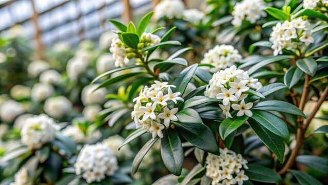 Dense foliage and white fragrant flowers blooming in clusters on a Daphne odora bush in a greenhouse, fragrant flowers, indoor gardening