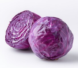 Two halves of a vibrant purple cabbage, a close-up studio shot
