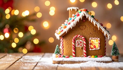 A beautifully decorated gingerbread house sits on a wooden surface, illuminated by warm, festive lights.