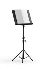 A black, metal music stand with a blank sheet of paper, isolated on a white backdrop