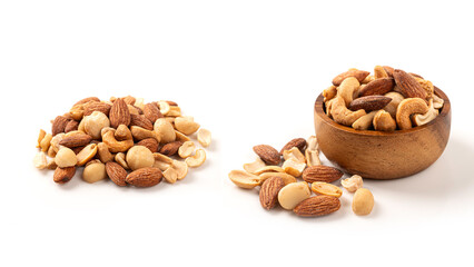 Mixed nuts in wooden bowl isolated on white background. Front view