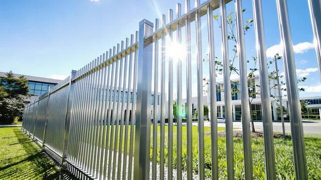 Silver Metal Fence with Bird Flying Over Modern Building on Sunny Day