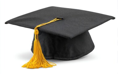 A black graduation cap with a gold tassel, set against a clean white background