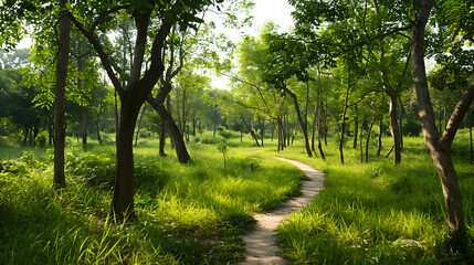 Obraz premium Forest path winding through green trees