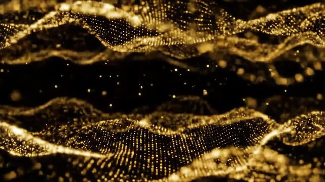 Abstract futuristic background with flowing golden particles forming luminous digital waves and elegant bokeh effects on a black canvas