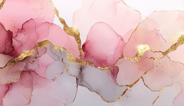 Abstract fluid art with rose-pink hues and gold veins, evoking a sense of elegance