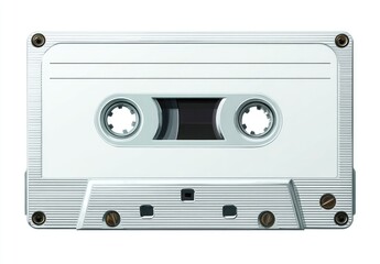 Fototapeta premium A detailed close-up of a white vintage audio cassette tape, showing spools and screws