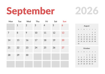 Monthly page Calendar Planner Template design of September 2026. Vector layout of calendar with week start Monday for Scheduling. Page for size A4 or 21x29.7 cm