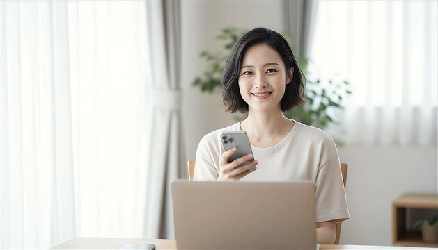 カメラ目線で優しく微笑む女性のポートレート (ライフスタイル)