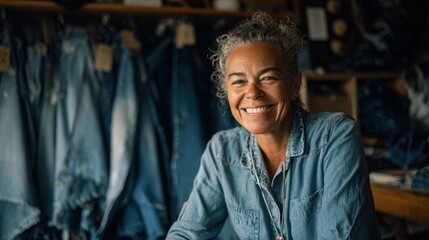 Medium shot of a professional stitcher finetuning denim pants for a smiling adult with a softly blurred display of handcrafted denim pieces behind.