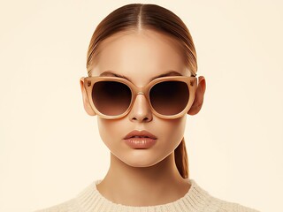 A photograph of a young woman with her hair tied back neatly in a ponytail, looking straight ahead with an indifferent and charming expression. She wears stylish, large sunglasses with light brown fra