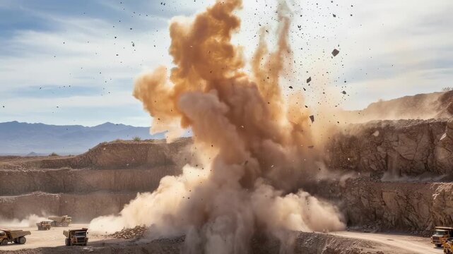 Energetic medium shot showing controlled blasting in action with dust and debris flying around a vast quarry site.
