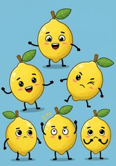 Fototapeta premium Cartoon lemons with different emotions against a light blue background delightful display