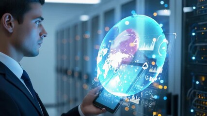 professional in data center holds tablet projecting vivid holographic globe displaying global data network connections and cloud computing analytics in high-tech environment - Powered by Adobe