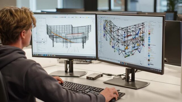Engineer utilizing dual monitors for structural design and 3D model analysis of building framework with computer software, focusing construction planning and digital architecture visualization modern