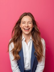 A fair-skinned girl with long brown hair, wearing a white shirt and a blue vest, she is isolated on a pink background. She is laughing and having fun.