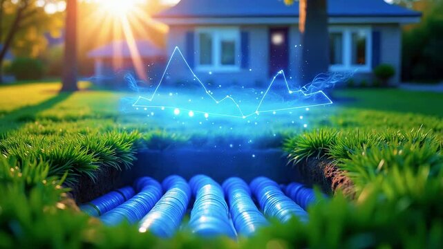 Sunlit suburban yard shows glowing blue data lines above exposed pipes, a house in the background..