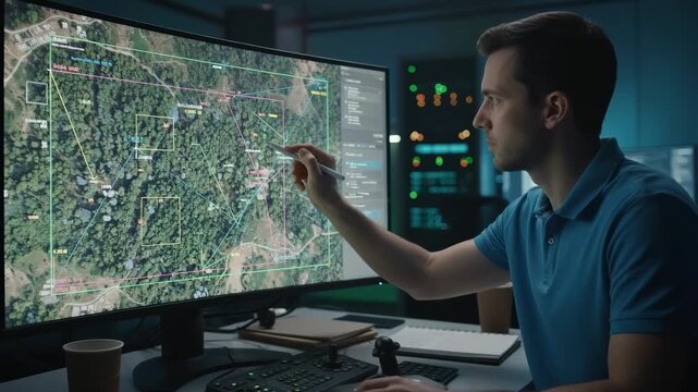 Medium shot capturing a technician analyzing highresolution satellite imagery for forest canopy mapping with precise geospatial data.