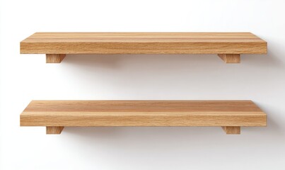 Two light brown wooden shelves mounted on a white wall
