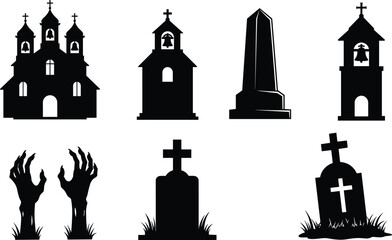 Halloween graveyard silhouettes with church, tombstones, zombie hands, gothic cemetery symbols, spooky horror elements for dark scary night scenesHalloween graveyard silhouettes with 