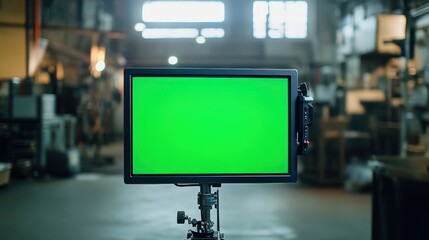 A green screen monitor in a factory setting, symbolizing digital integration for quality control or augmented reality.