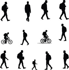 Silhouette collection of walking men with backpacks, cycling commuters, business people, and casual pedestrians isolated on white background vector illustration