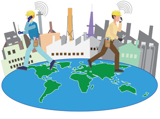 世界中の工場地帯で忙しく仕事をしているエンジニア。