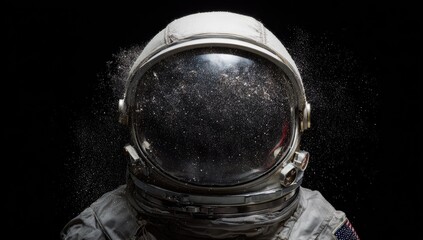 Close-up of an astronaut's helmet with scattered dust particles against a black background