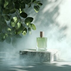 Light-green perfume bottle on a marble platform, surrounded by foliage and soft fog