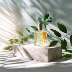 A clear glass perfume bottle sits on a light beige stone pedestal, bathed in sunlight filtering through palm fronds.  Fresh green leaves frame the bottle