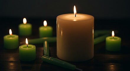 Illuminated Candles on Wood Surface Creating a Serene Atmosphere
