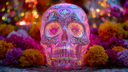 Fototapeta premium Colorful Sugar Skull Illuminated with Vibrant Patterns and Surrounded by Marigold Flowers