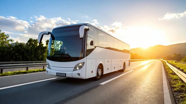 Tourist bus driving on an empty highway road during a vibrant golden sunset, representing tourism and ground transportation concepts.