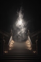 Grand staircase shrouded in mystic fog, lit by a crystal chandelier