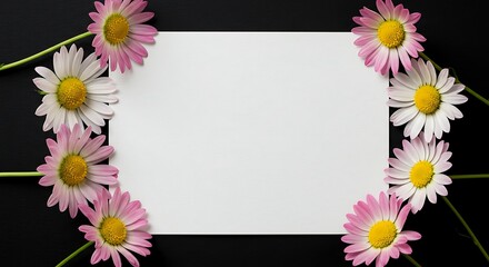 Fototapeta premium Elegant floral frame with daisies and a blank canvas on a dark background