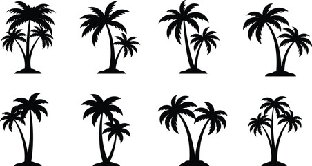 Palm tree silhouettes, tropical island icons, summer beach symbols, exotic vacation design, nature vector shapes, coconut trees, paradise holiday illustration elements