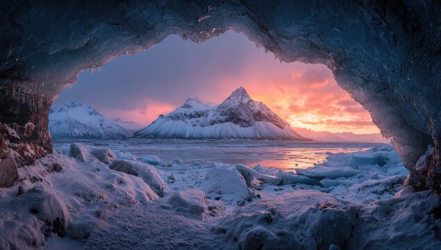 A sunset illuminates a snowy mountain range framed by a blue ice cave, reflecting in water
