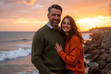 A smiling couple embraces warmly on a rocky beach, with the sun setting over the ocean behind them.