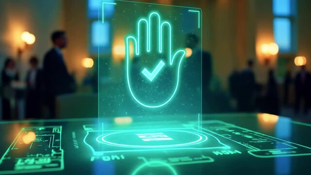 Glowing holographic hand panel rises from a transparent console amid a neon-lit conference  tonight