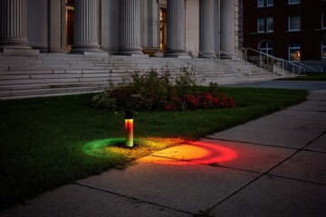 Colorful outdoor light post casting vibrant patterns on the walkway at the base of a building